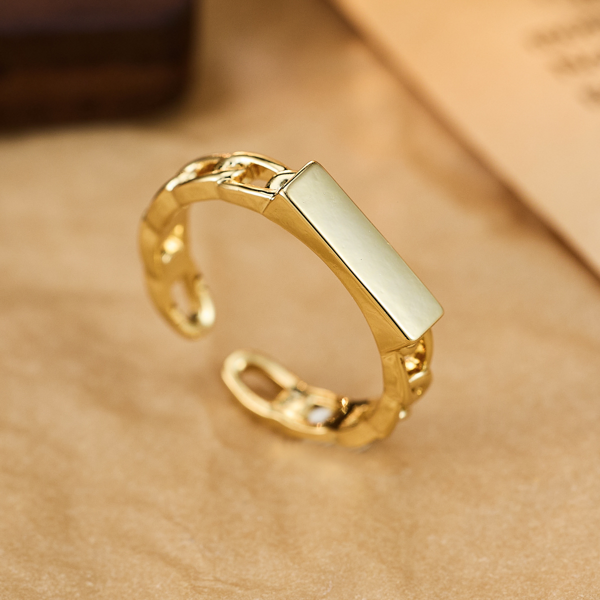 Women's Adjustable Solid Rectangular Chain Open Ring, Minimalist
